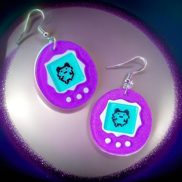 New Gigapet Tamagatchi Earrings Y2K Purple Glitter Digital Pet Dangle Anime - Picture 2 of 2